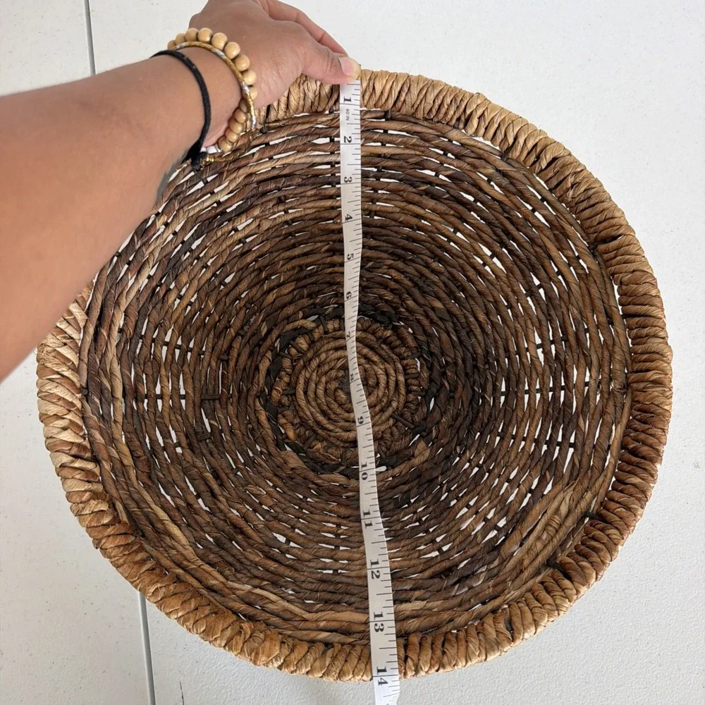 Vintage Round Woven Rattan Wicker Serving Tray Decor Dish Basket Metal Frame